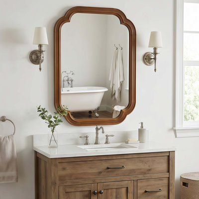 Walnut Color Solid Wood Frame Rounded Corner Decorative Mirror, For Bedroom, Bathroom, Living Room, Entryway
