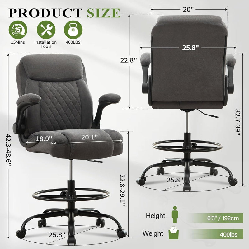 Chaise de dessin pivotante à 360° avec repose-pieds réglables et accoudoirs relevables
