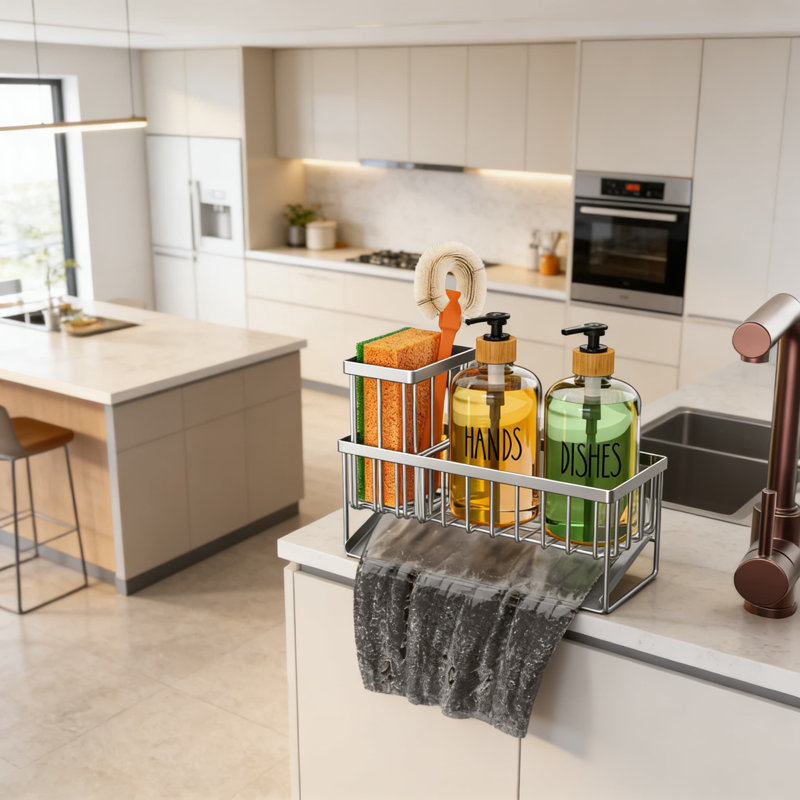 Kitchen Soap Dispenser Set With Stainless Steel Sponge Holder And Glass Bottles, Bamboo Pump Heads, And Beveled Drain For Sink Organization