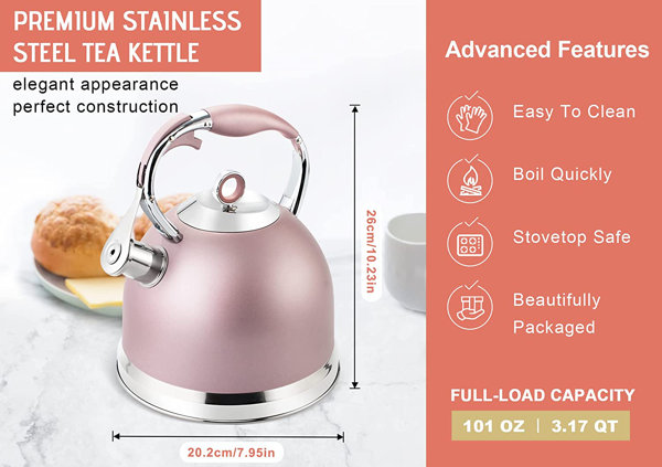 KD Whistling Tea Pots for Stove Top - Sleek 18/8 Stainless Steel Stovetop Kettle, Easy-Grip Handle with Trigger Opening Mechanism, 1 Free Silicone