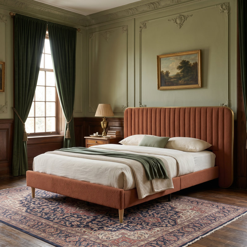 Lit capitonné moderne, couleur ocre Teddy, Double, Café