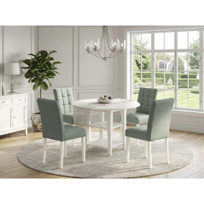 Ensemble de salle à manger 5 pièces comprenant une table de salle à manger de style moderne du milieu du siècle et 4 chaises de salle à manger en tissu polyester vert saule, lin blanc