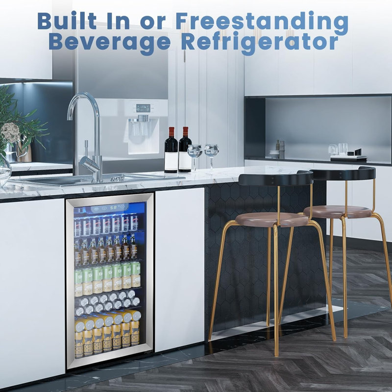 Mini Fridge 130 Can Beverage Refrigerator Cooler, 3.1 Cu.Ft Drink Fridge Silver Glass Door for Soda Wine Beer, Digital Temperature Control Cooler for Home,Bar