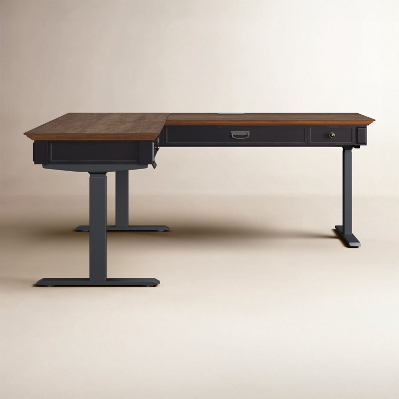 Emelia Adjustable Height L-Shaped Standing Desk, Black/Brown