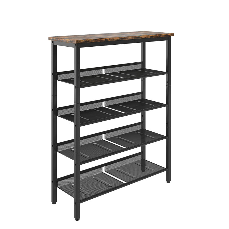 Rangement à chaussures à 5 couches avec structure en métal - support industriel fiable, tablettes en filet et plateau en bois