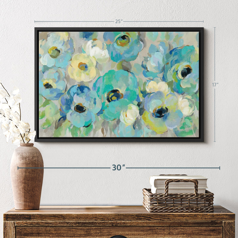 «Fresh Teal Flowers I», reproduction sur toile, H 17 po x l 25 po