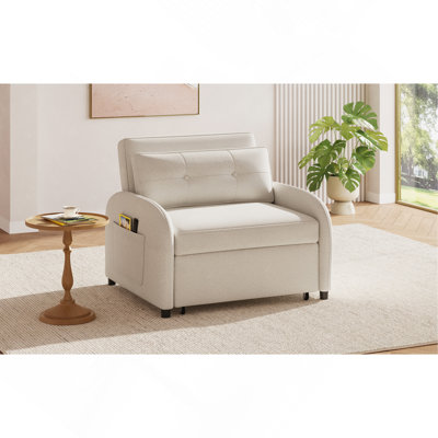 3-in-1 Convertible Sleeper Sofa Bed with Pillow & Pocket, Loveseat Sleeper Chair in Soft Cotton Linen, for Living Room, Bedroom, Study, Apartment, Beige