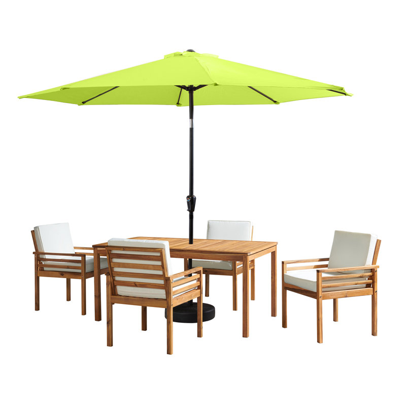 Arjay 8 Pc Patio Dining Set Wood One 63" Table Chairs With Cushions And 1 10-Foot Tilt Umbrella, Neon, 4