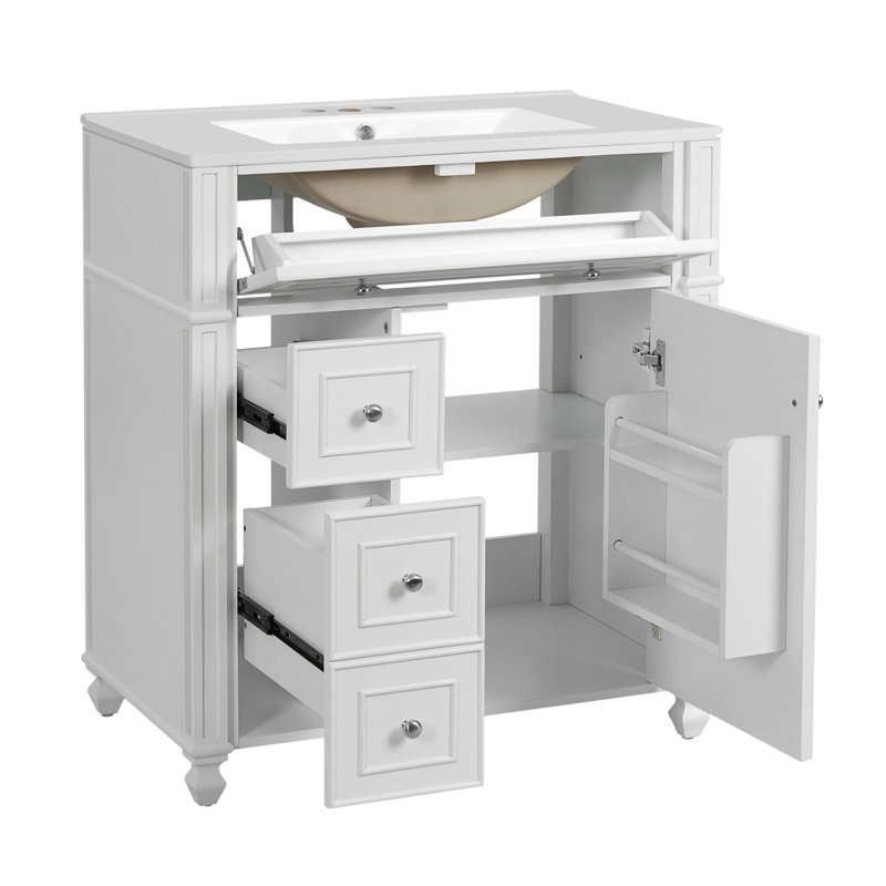 Meuble-lavabo de salle de bain d'inspiration française avec lavabo en céramique et rangement à fermeture en douceur, White