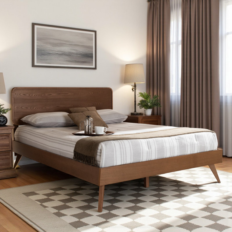 Grand lit plateforme Chantol Mid-Century moderne, brun noyer, l 63,35 po x L 82,15 po x H 58,3 po, Grand