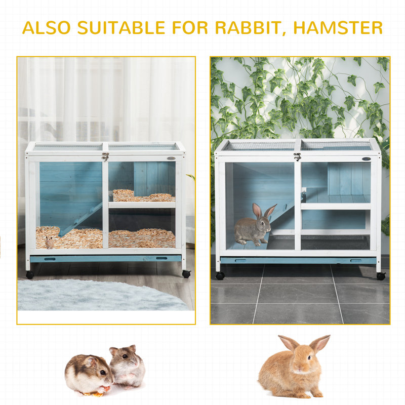 Light Blue Wooden Guinea Pig Cage with Ramp and Wheels