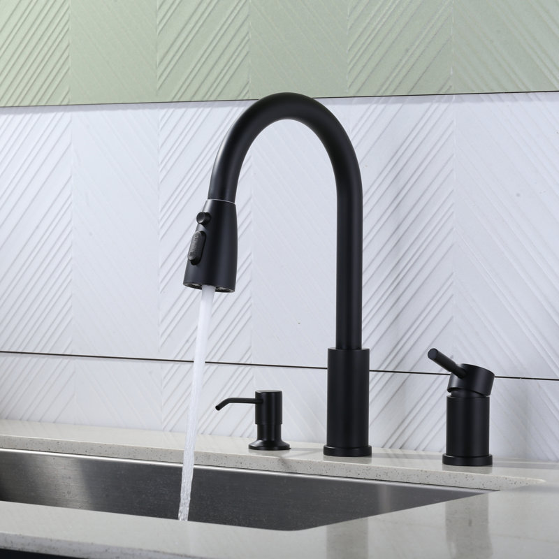 3-Hole Pull Down Kitchen Faucet With Soap Dispenser And Unique Individual Handle, Matte Black