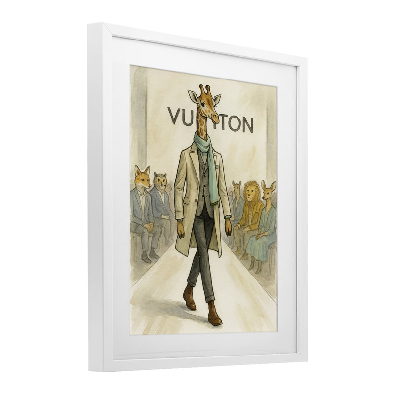 «Fashion Runway Giraffe», reproduction encadrée sous verre, design par Grotto Studios, H 21 po x l 17 po, Cadre blanc côtier