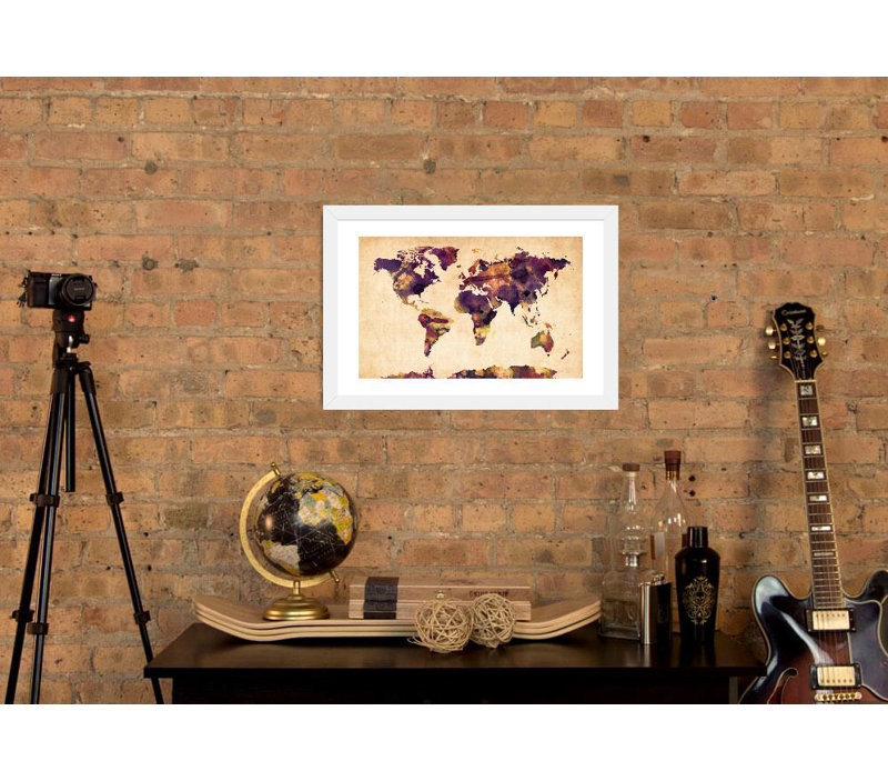 « urban aquarelle world map vi », reproduction de photo, H 16 po x l 24 po x P 1 po, Papier encadré blanc