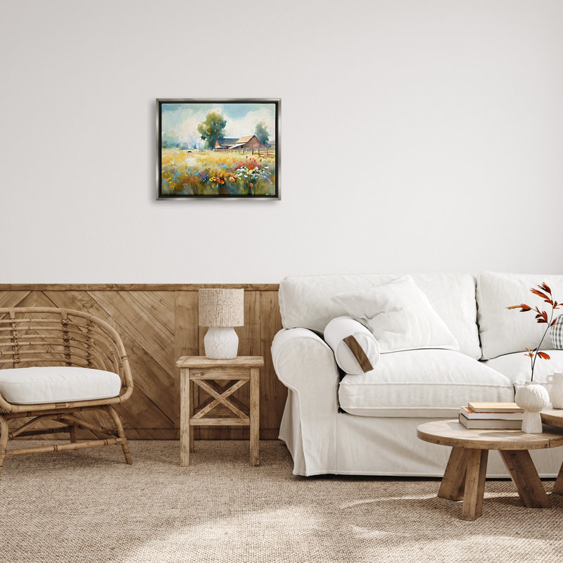Ba-667-Floater Barn In Meadow, peinture encadrée sur toile par Ramona Murdock, peinture, Cadre flottant gris lustré