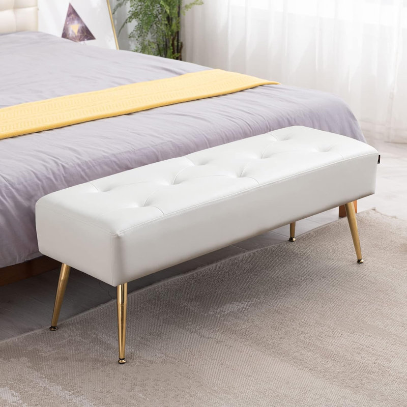 44" Wide Modern Tufted PU Leather Bedroom Bench Upholstered Entryway Bench with Metal Leg, White