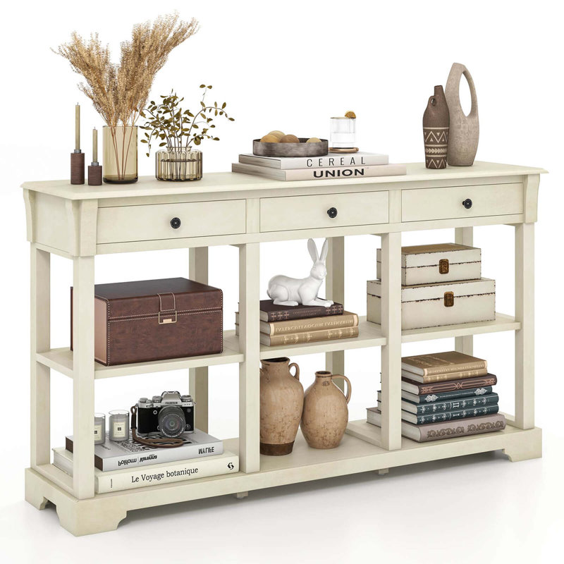  58" Long Sofa Table With Storage Retro Console Table With 3 Drawers & Open Shelves