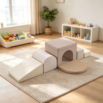 Toddler Soft Foam Climbing Play Blocks, 7‑Piece Modular Soft Play Set, PU Leather Safe Climbing Crawling Activity Play Equipment for Baby Kids, Playroom & Daycare