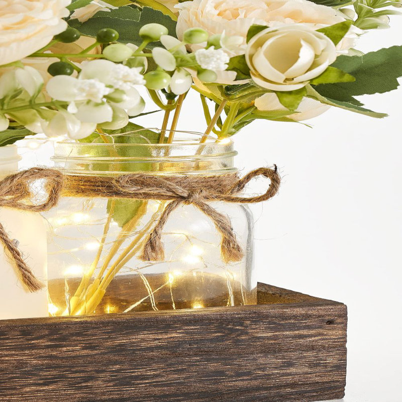 Rustic Wood Tray with Lighted Mason Jars and Faux Flowers
