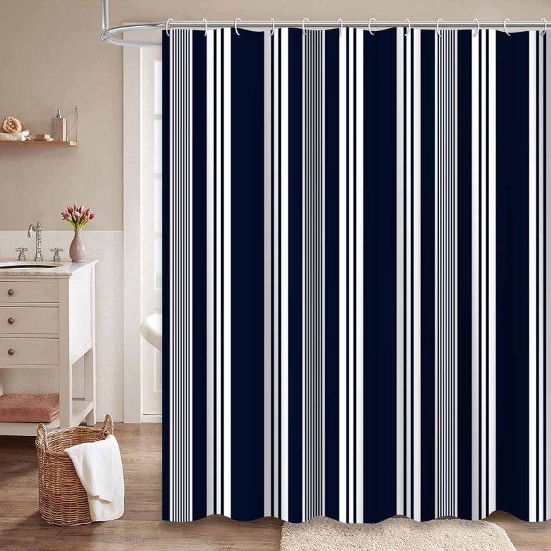 Rideau de douche à rayures bleu marine et blanc avec 12 crochets, L 72 po x l 72 po