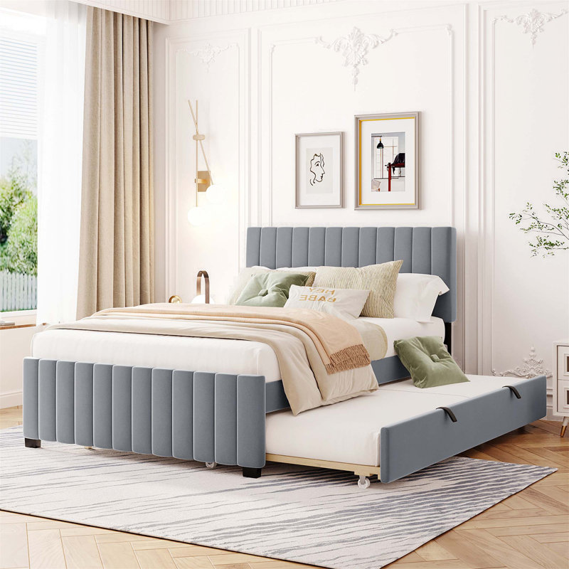 Lit plateforme tapissier en velours avec lit gigogne, conception élégante et fonctionnalité compacte, Gris