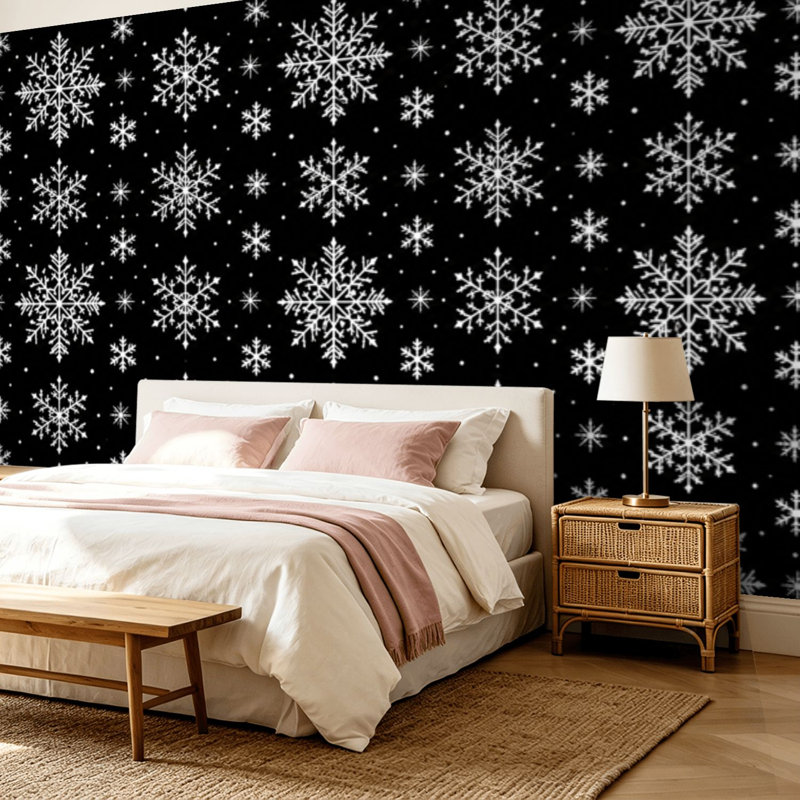 Peler et coller papier peint mural, flocon de neige blanc, noir, art mural autoadhésif et amovible, 68.88" L x 96" W