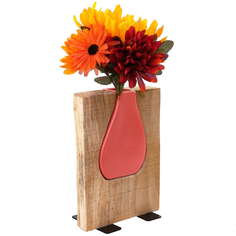 Vase en verre et bois - Vase à fleurs rustique, Rose