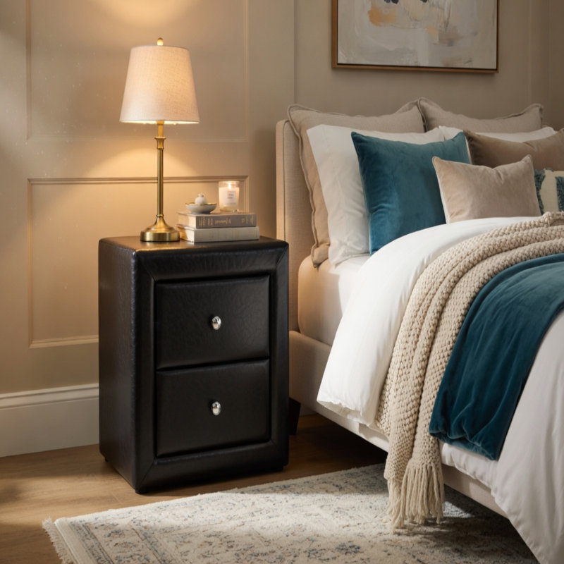 Table de chevet, table de chevet, bout, côté, lampe, tiroir de rangement, chambre à coucher, revêtement, aspect cuir noir, transitionnel