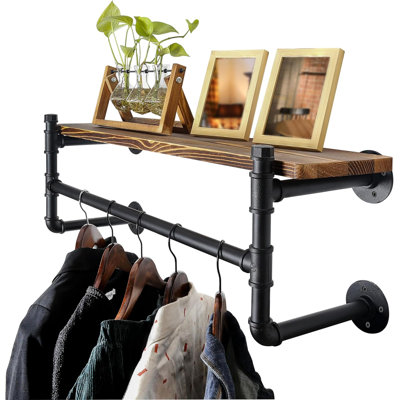 Portant mural à vêtements avec tablette, support industriel en tubes de 61 cm avec étagères, barre de vêtements en fer robuste, tringle d'exposition pour buanderie, noir