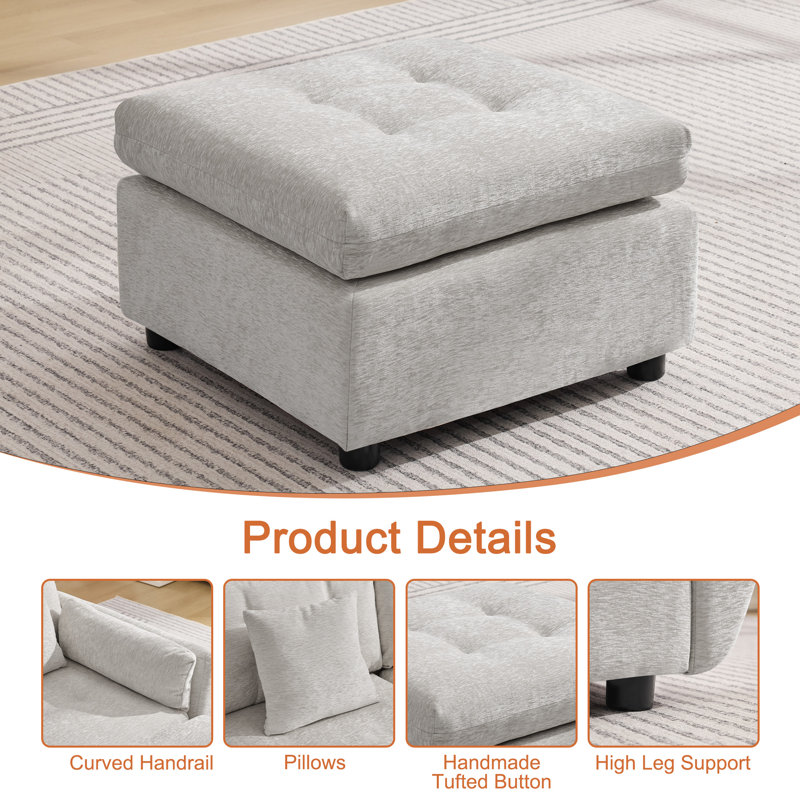 Chenille Tufted Ottoman - Square Accent Stool, Light Gray