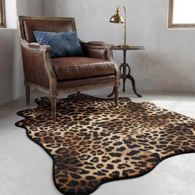 Tapis imprimé guépard 91 x 100 cm, tapis doux et moelleux à motif léopard, tapis à motifs animaliers pour salon, chambre, décoration de style campagnard (brun)