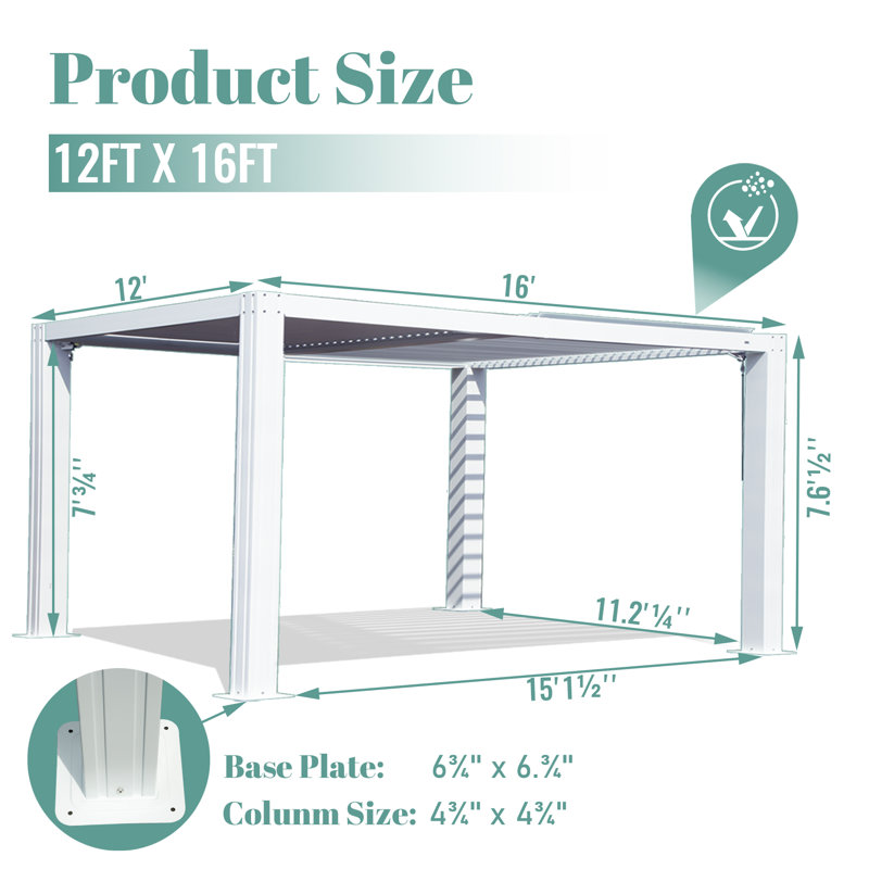 Aluminum Pergola White Gazebo with Louvered Roof, 16 ft x 12 ft