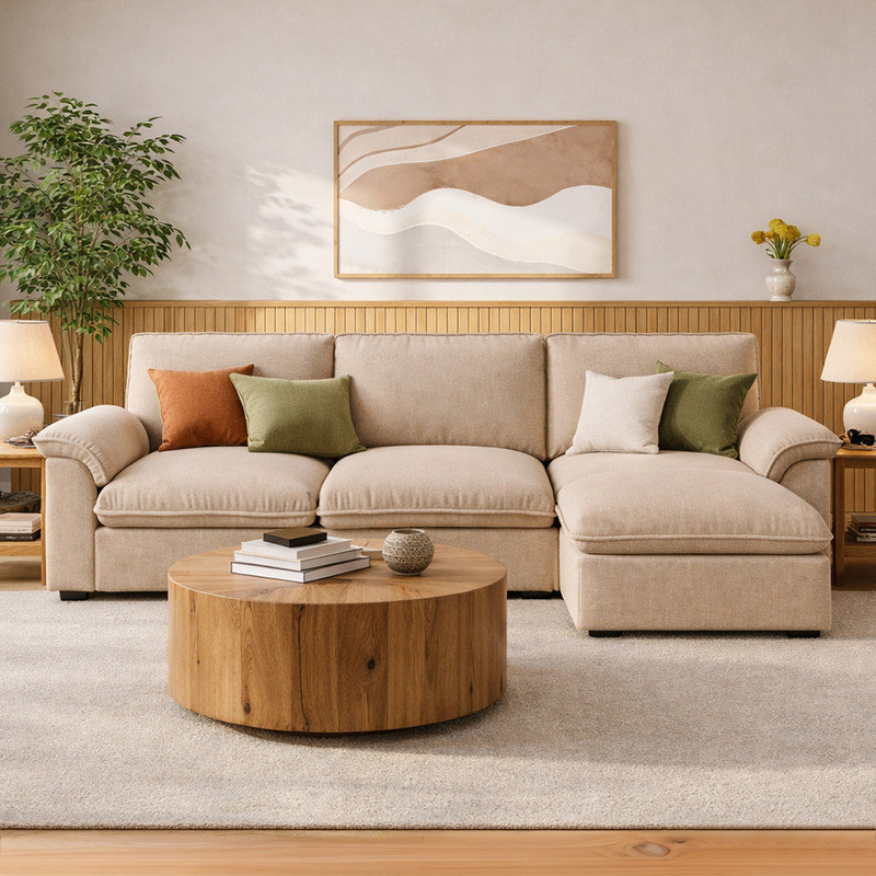 Modern L-Shaped Sectional Sofa with Chaise, Upholstered Fabric Couch, Deep Seat Comfy Living Room Sofa with Solid Wood Frame, Removable Cushions
