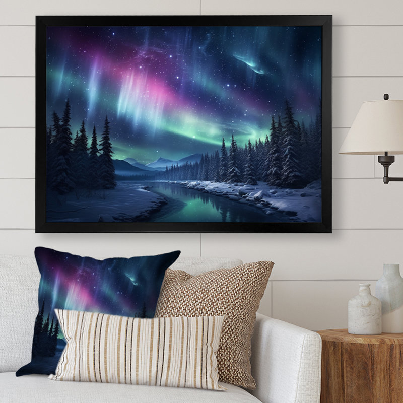 Northern Lights III - Aurore boréale, reproduction d'art sur toile, Cadre simple noir, H 24 po x l 32 po x P 1 po