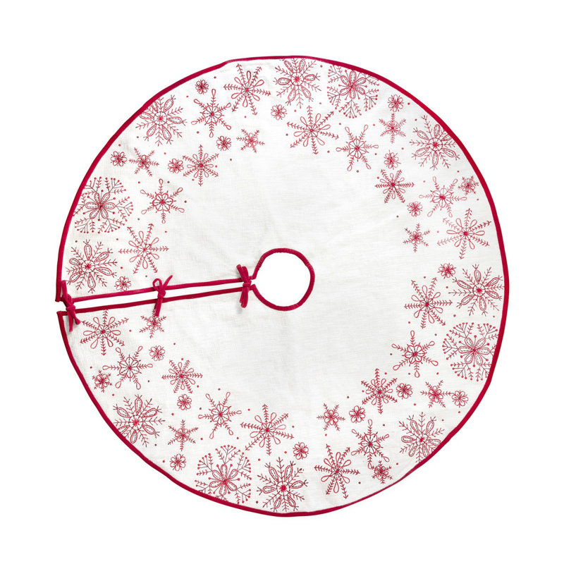 Red and White Cotton Snowflake Embroidered Tree Skirt