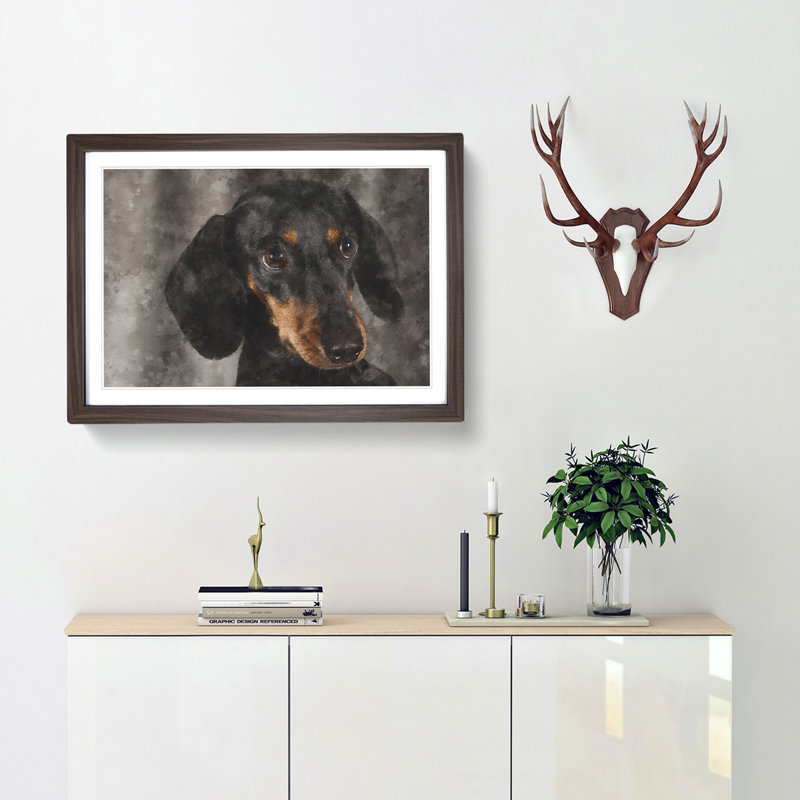 Portrait of a Dachshund Dog - Picture Frame Painting Print, 24cm H x 33cm W x 2cm D, Walnut Framed