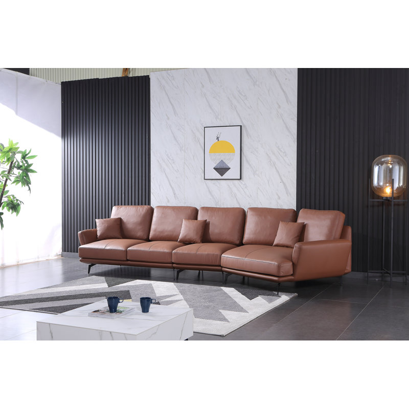 Putnam Upholstered Curved Sectional, Russet Brown Genuine Leather, Right Hand Facing