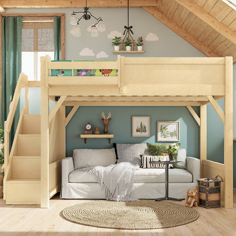 Lit mezzanine en bois massif UnaCubby avec garde-robe intégré, rangement et escalier, sans sommier, Naturel