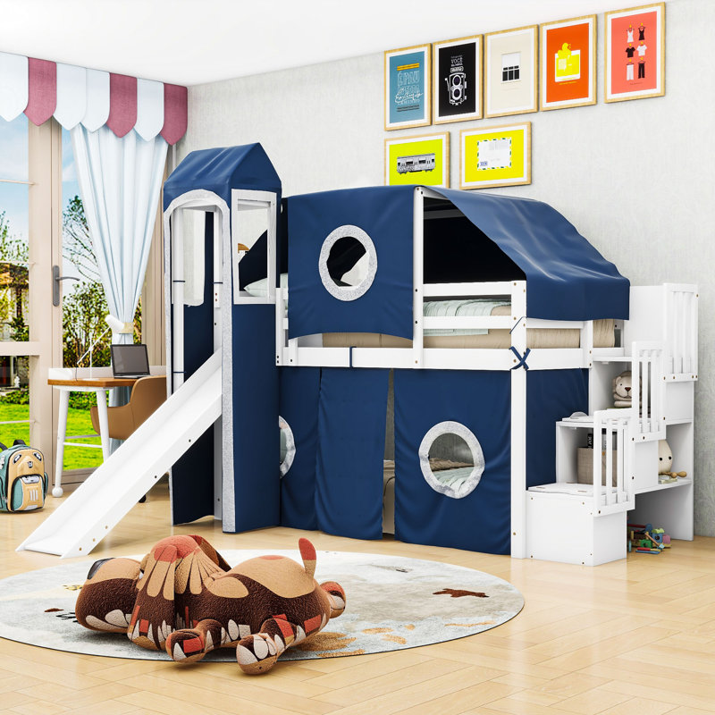 Jaleana Slat Loft Bed with Bookcase, Blue, Twin