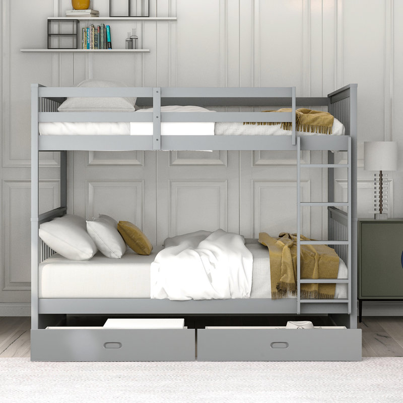 Gray Bunk Bed With Ladders & Storage - Maximizes Space And Function Strong Two Drawers