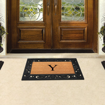Decorah Monogrammed Heavy-Duty Black Floral Border Coir & Rubber Door Mat, 23" x 38" – Thin Profile Outdoor Entryway Welcome Mat