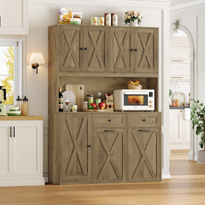 70.9" Kitchen Pantry Cabinet With Microwave Shelf & Push-Pull Trash Can Cabinet, Dog Proof Trash Can Cabinet