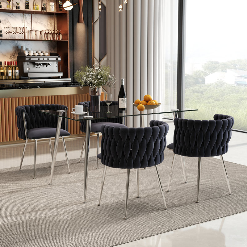 Modern Rectangular Dining Set with Upholstery Dining Chair, 5 Pieces: Table, 4 Chairs, Silver, Black/Silver