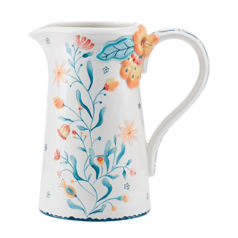 White Earthenware Floral Graphic Detail Boho Pitcher, 2.75 Quarts