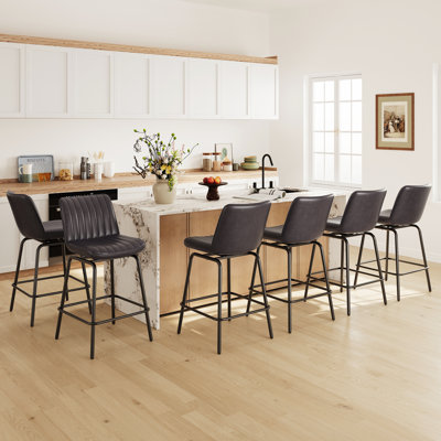 Modern Swivel Upholstered Bar Stool with PU Leather Seat and Metal Frame, Armless Counter Height Stool with Footrest