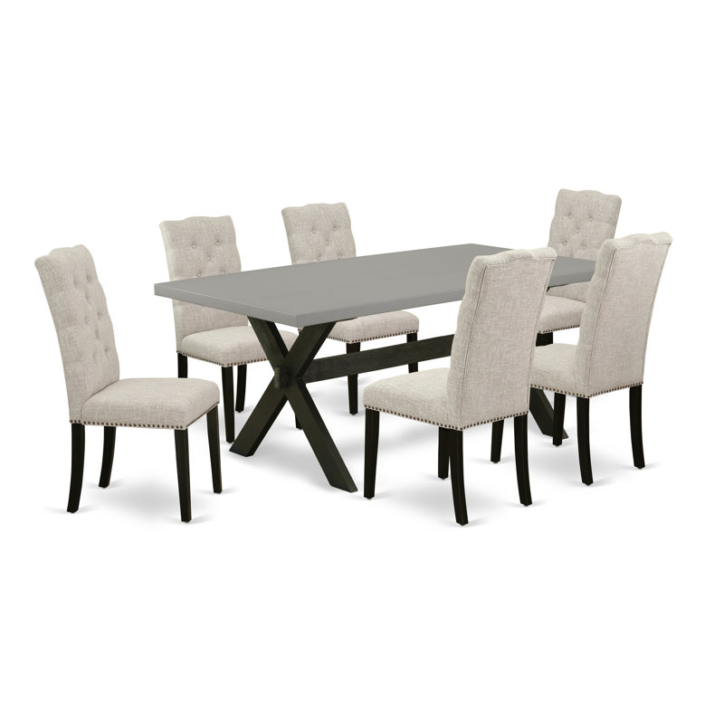 Ensemble de mobilier de salle à manger 7 pièces composé d'une table de salle à manger rectangulaire avec pieds en X et 6 chaises rembourrées en tissu de lin, noir brossé