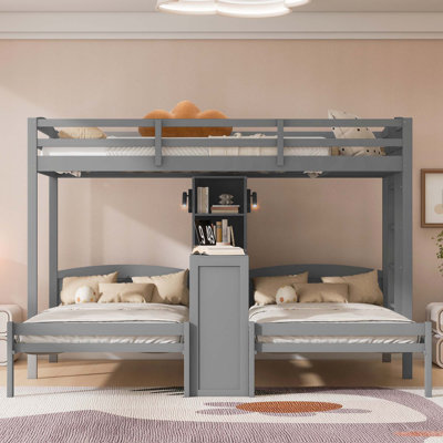 Lit superposé simple au-dessus de simple et simple avec bureau intégré et tablettes de rangement, lampe de lecture, 3 lits en 1