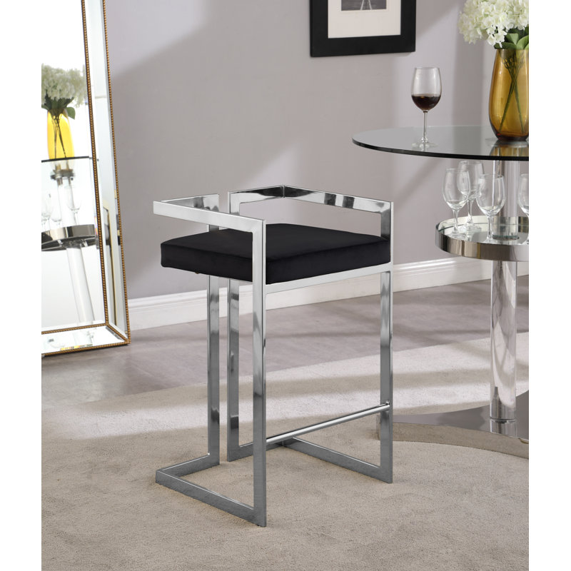 Isam Upholstered Counter Stool with Metal Frame, Black Velvet, Chrome