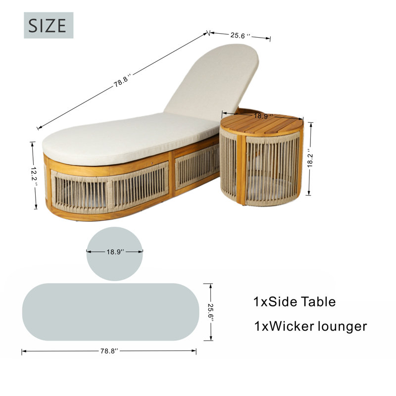 Ekua 3 - Piece Acacia Wood Rope Weaving Patio Outdoor Reclining Chaise Lounge With Side Table And Cream Cushions
