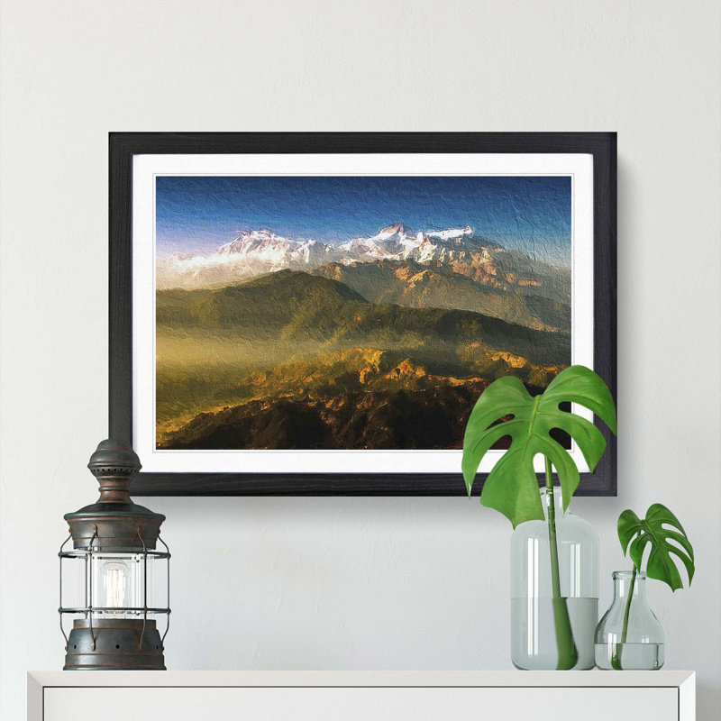 Sunlight Bathing the Mountains in Nepal - Picture Frame Painting Print, 27cm H x 36cm W x 2cm D, Black Framed